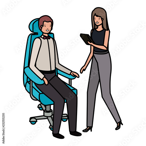 Fototapeta Naklejka Na Ścianę i Meble -  man sitting in office chair and woman with tablet