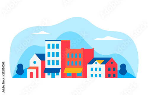 Trendy vintage urban landscape. City with traditional buildings and houses, trees. Modern concept vector illustration.