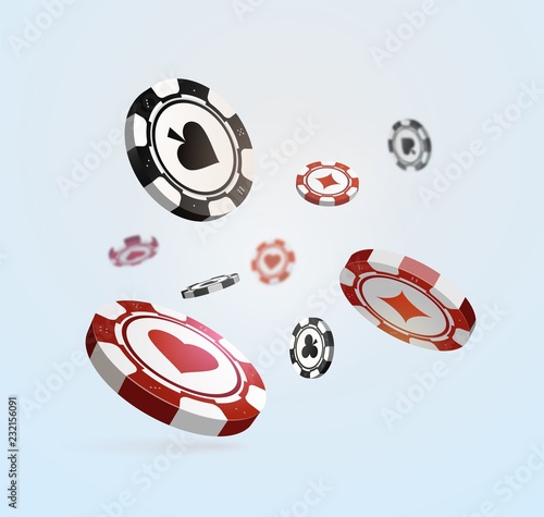 Falling poker casino realistic vector chips on white background. Hazard casino online games illustration.