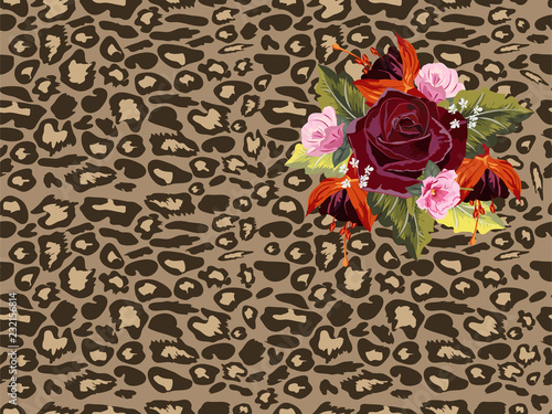 Seamless pattern with  leopard print and beautiful flowers. Vector background with animal skin texture. For printing on fabric, wallpaper, packaging.