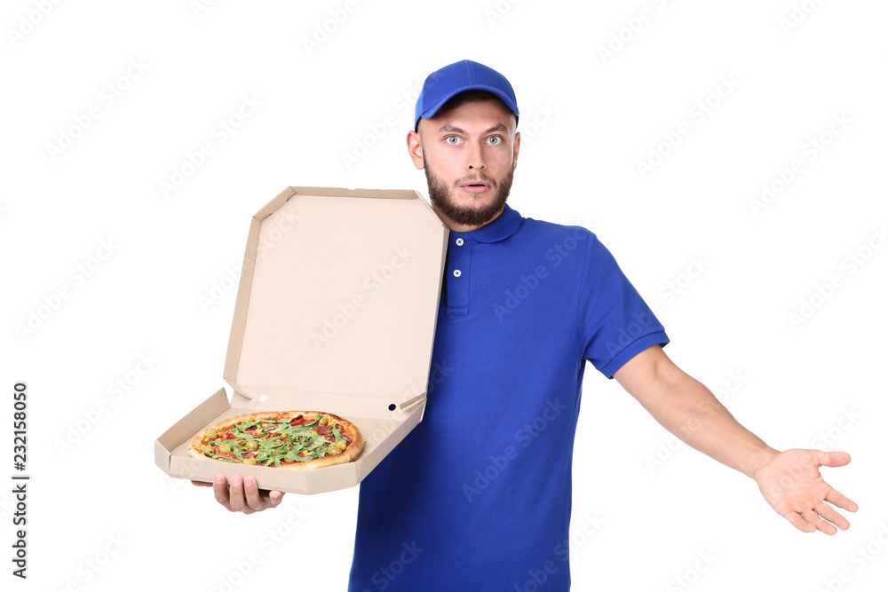 Delivery man with pizza in cardboard box isolated on white background Delivery man with pizza in cardboard box isolated on white background
