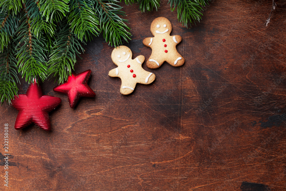 Christmas gingerbread cookies and fir tree Christmas gingerbread cookies and fir tree
