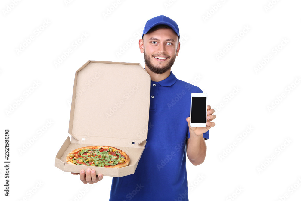 Delivery man with pizza in cardboard box and smartphone isolated on white background Delivery man with pizza in cardboard box and smartphone isolated on white background