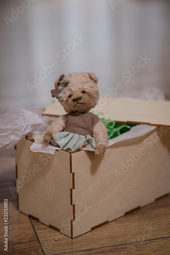 Teddy bear climbs out of the box. Gift.