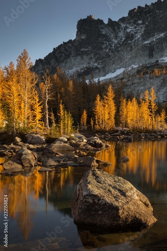 Scenic view of mountain with trees reflecting in lake
