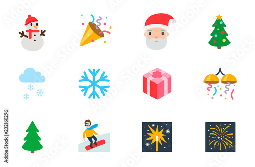 New year celebration icons, Happy Christmas gift vector illustration flat style symbols, emoji emoticons set, collection.