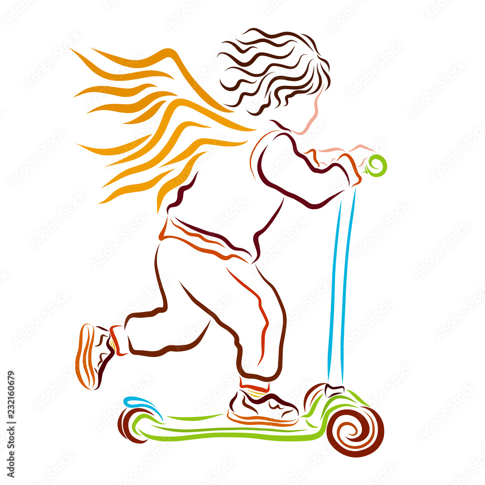 Fototapeta premium Winged child riding a scooter fun, sports and leisure