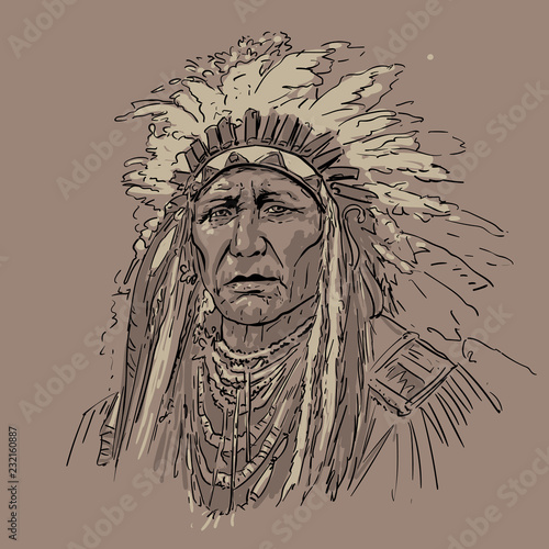 American indian leader. Old Man portrait. Digital Sketch Hand Drawing Vector.