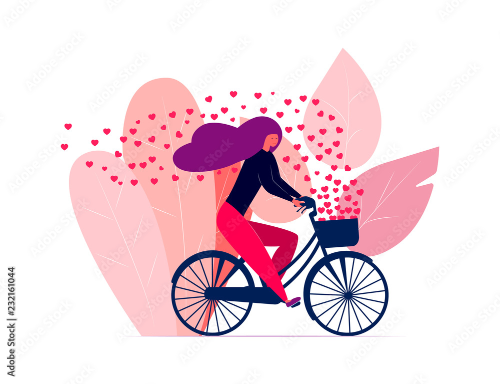 Happy girl riding a bicycle with hearts flying away in the wind. Vector illustration with cute young woman on the bike.