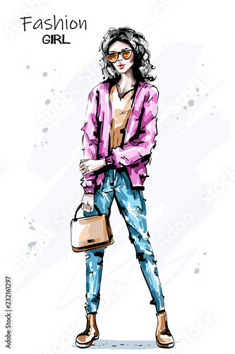 Hand drawn beautiful young woman holding bag. Stylish elegant girl in sunglasses. Fashion woman outfit. Sketch.