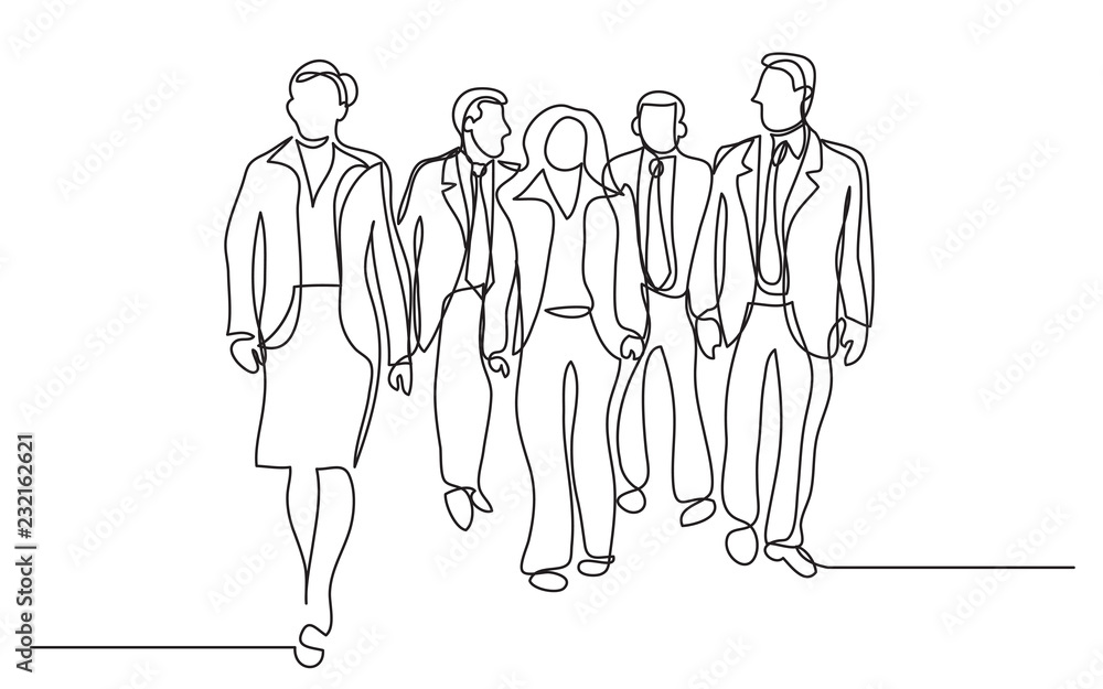 continuous line drawing of business team walking together discussing work continuous line drawing of business team walking together discussing work