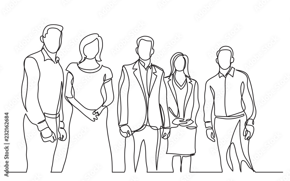 continuous line drawing of business team standing together continuous line drawing of business team standing together