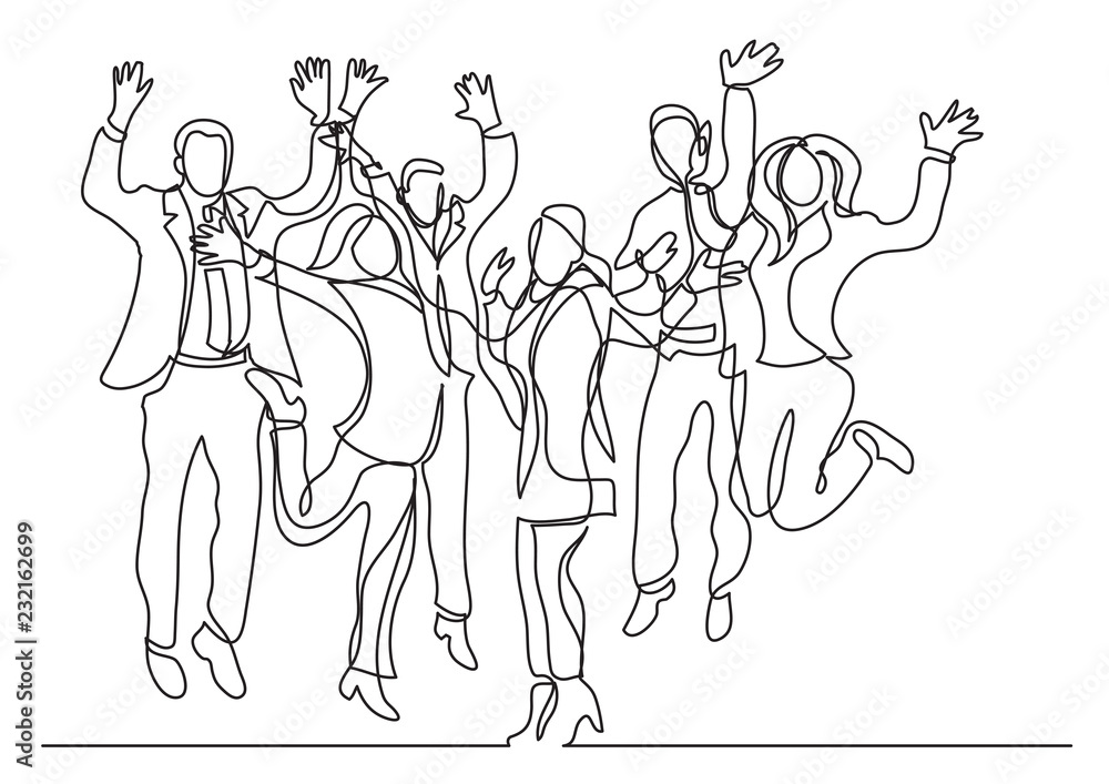 continuous line drawing of happy business team jumping joy