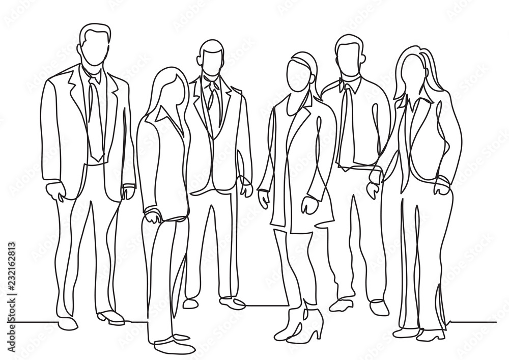 continuous line drawing of business team standing together continuous line drawing of business team standing together