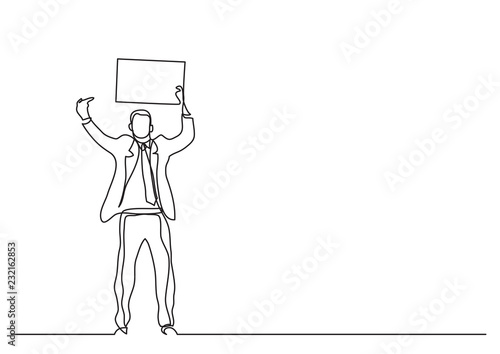 continuous line drawing of standing office worker pointing at blank sign