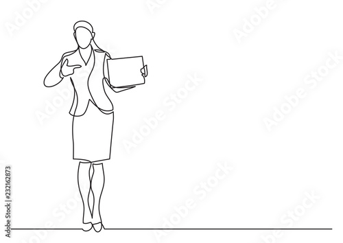 continuous line drawing of standing female office worker pointing at blank sign