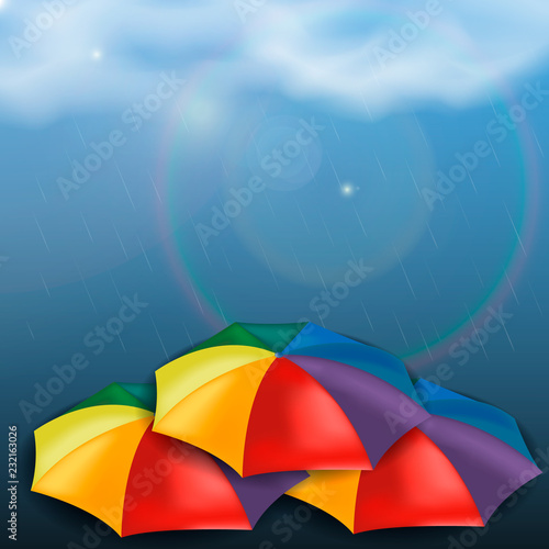 Colorful rainbow umbrellas under the rain.