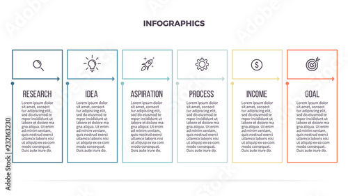 Business infographics with 6 steps, options. Vector template. Editable line.