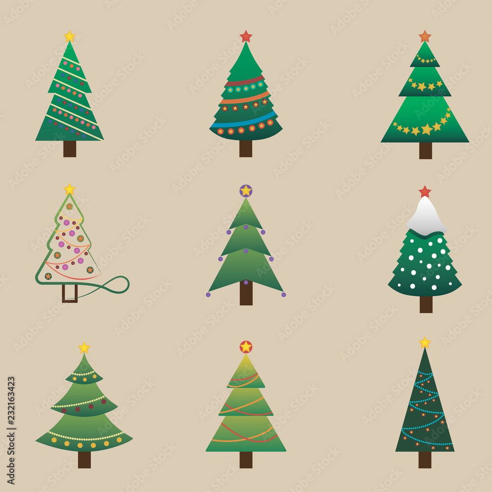 Flat design collection of Christmas trees, vector illustration. Can be used for printed materials - greeting card, invitation, banner, web design. Flat design collection of Christmas trees, vector illustration. Can be used for printed materials - greeting card, invitation, banner, web design.