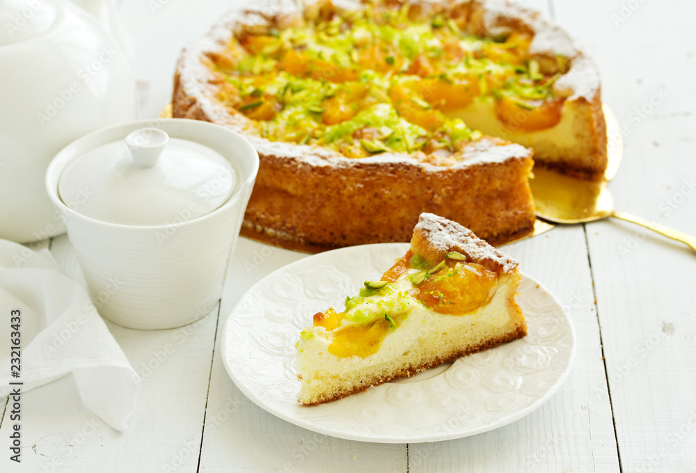 Delicious homemade cheesecake with apricots.