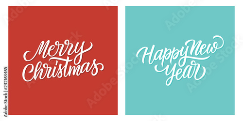 Merry Christmas and Happy New Year holiday set. Hand drawn lettering text design cards templates for holiday greetings and invitations. Vector illustration.