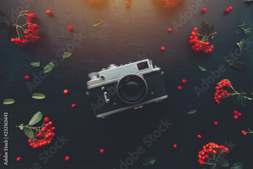 Flat lay hipster style old vintage photography camera