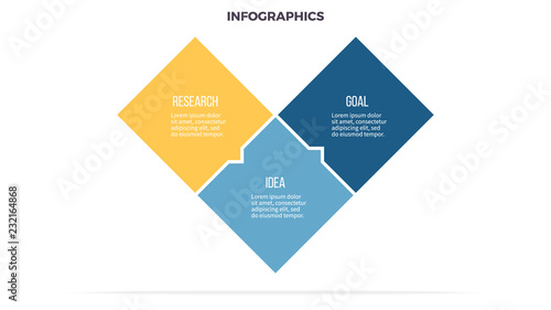 Business infographics. Timeline with 3 steps, options, squares. Vector template.