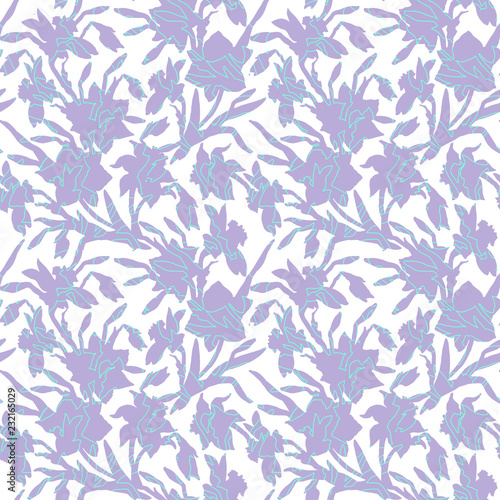 Floral seamless pattern with silhouettes hand drawn flowers daffodils, narcissus on white. Manual graphics. For wallpaper, fabrics, textile, clothing.