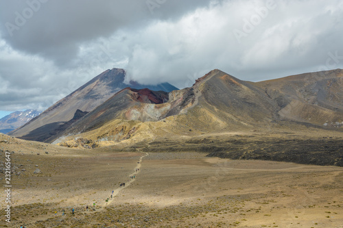 Crowd of tourists on a hiking trip in Tongariro National Park