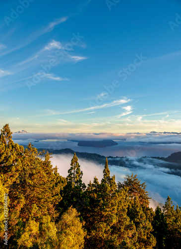 Nahuel Huapi Lake at sunrise, seen from Cerro Campanario, Nahuel Huapi National Park, Rio Negro Province, Argentina photo