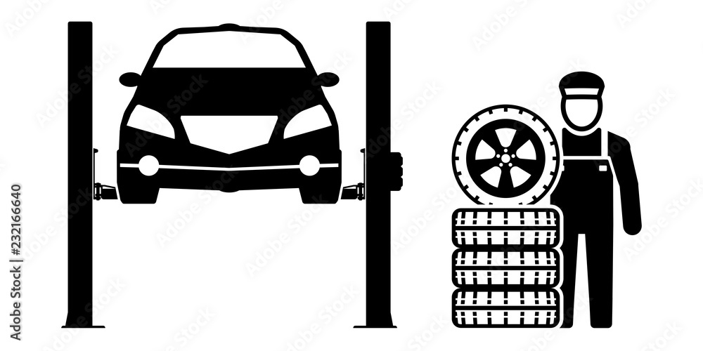 gz205 GrafikZeichnung - german - PKW auf einer Hebebühne: Reifenwechsel auf  Winterreifen - (Automechaniker) - english - 2 post car lift / change to  winter tires - (car mechanic) - banner 2to1 - g6745 Stock Illustration |  Adobe Stock