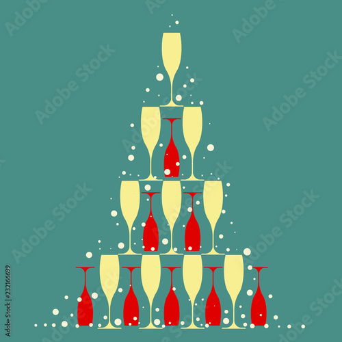 many yellow and red champagne glasses in form of Christmas tree with snow on blue green background - flat vector illustration