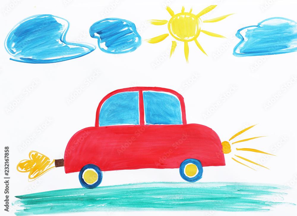 Obraz premium Colorful children painting of red car on white background