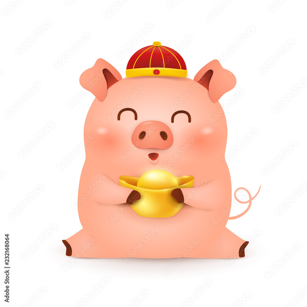 Chinese New Year 2019. Cute cartoon Little Pig character design with  traditional Chinese red hat and