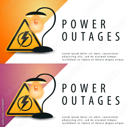 Power outages. Banners with light bulb on purple and orange background