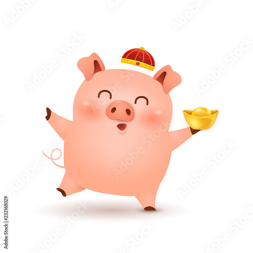 Chinese New Year 2019. Funny cartoon Little Pig character design with traditional Chinese red hat and holding chinese gold ingot isolated on white background. The year of the pig. Zodiac of the Pig