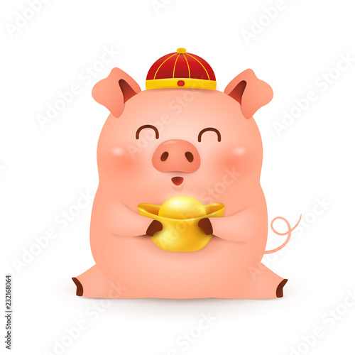 Chinese New Year 2019. Cute cartoon Little Pig character design with traditional Chinese red hat and holding chinese gold ingot isolated on white background. The year of the pig. Zodiac of the Pig