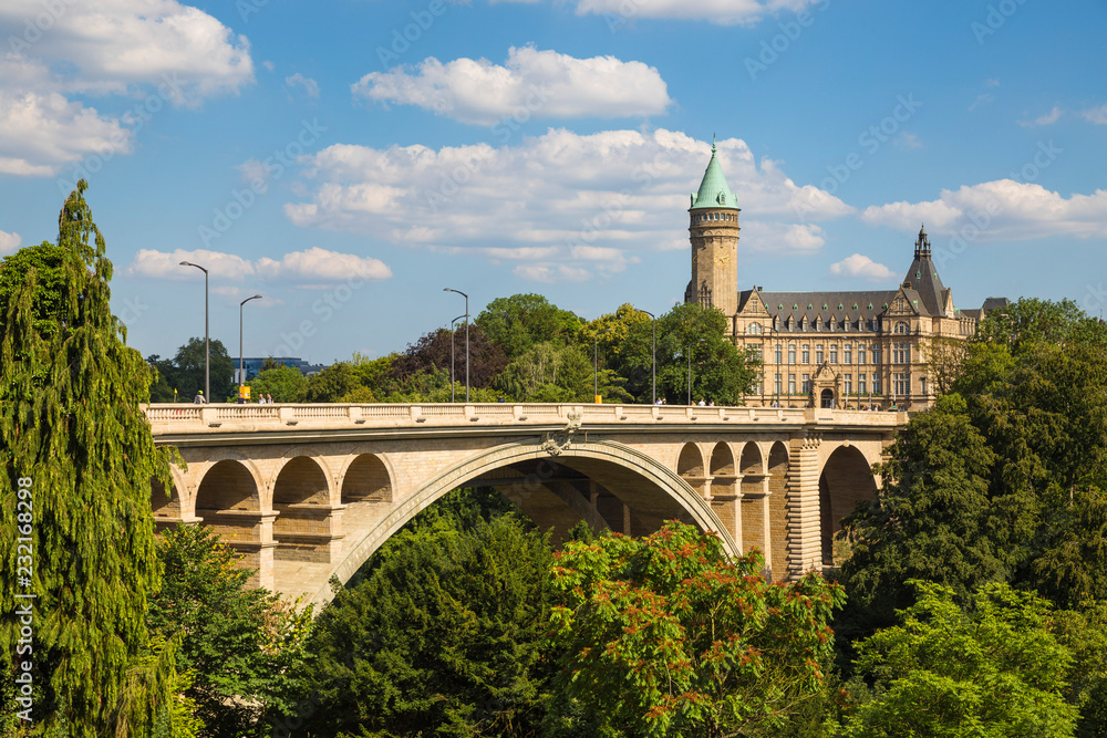 Luxembourg, Luxembourg City, Adolphe bridge, Petrusse Park and the National savings bank Luxembourg, Luxembourg City, Adolphe bridge, Petrusse Park and the National savings bank