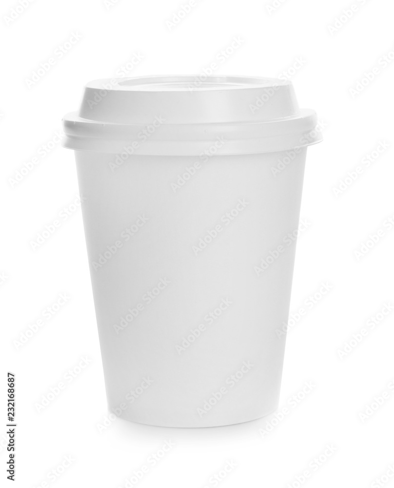 Takeaway paper coffee cup with lid on white background. Space for design Takeaway paper coffee cup with lid on white background. Space for design