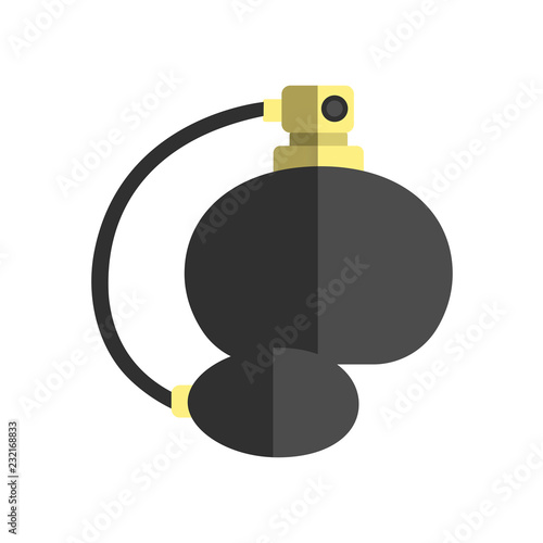 Vector illustration icon of retro style perfume bottle. Flat design, dark grey and gold colors, white background