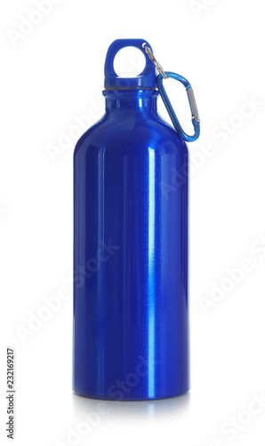 Aluminum water bottle for sports on white background