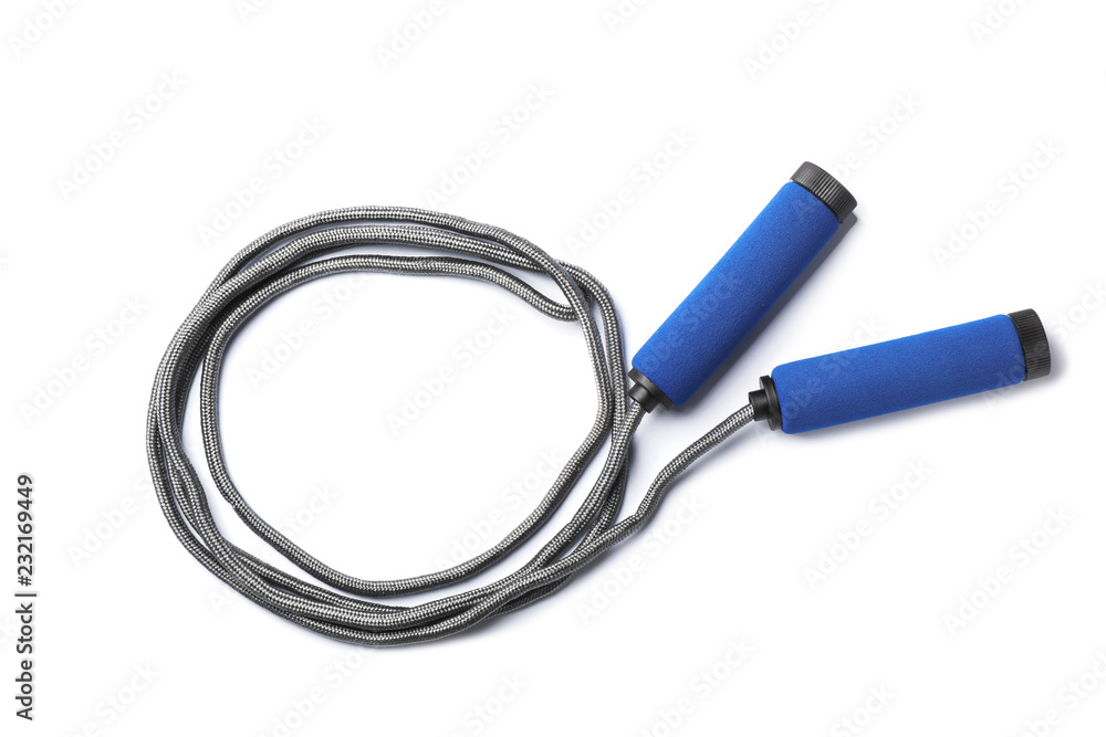 Jump rope on white background, top view. Sports equipment Jump rope on white background, top view. Sports equipment