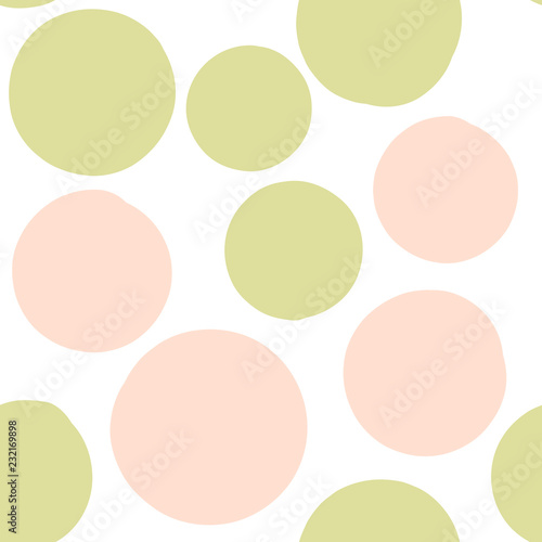 Geometrical background with uneven circles. Abstract round seamless pattern. Hand drawn colorful dots pattern on white background. Vector illustration.