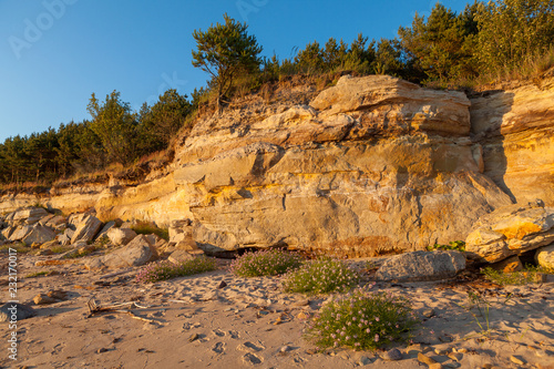 Limestone cliff on the coast of the Baltic sea. Sunset time and warm colors.