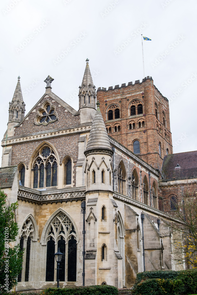 Exterior shot of St Albans City Cathedral, overcast day