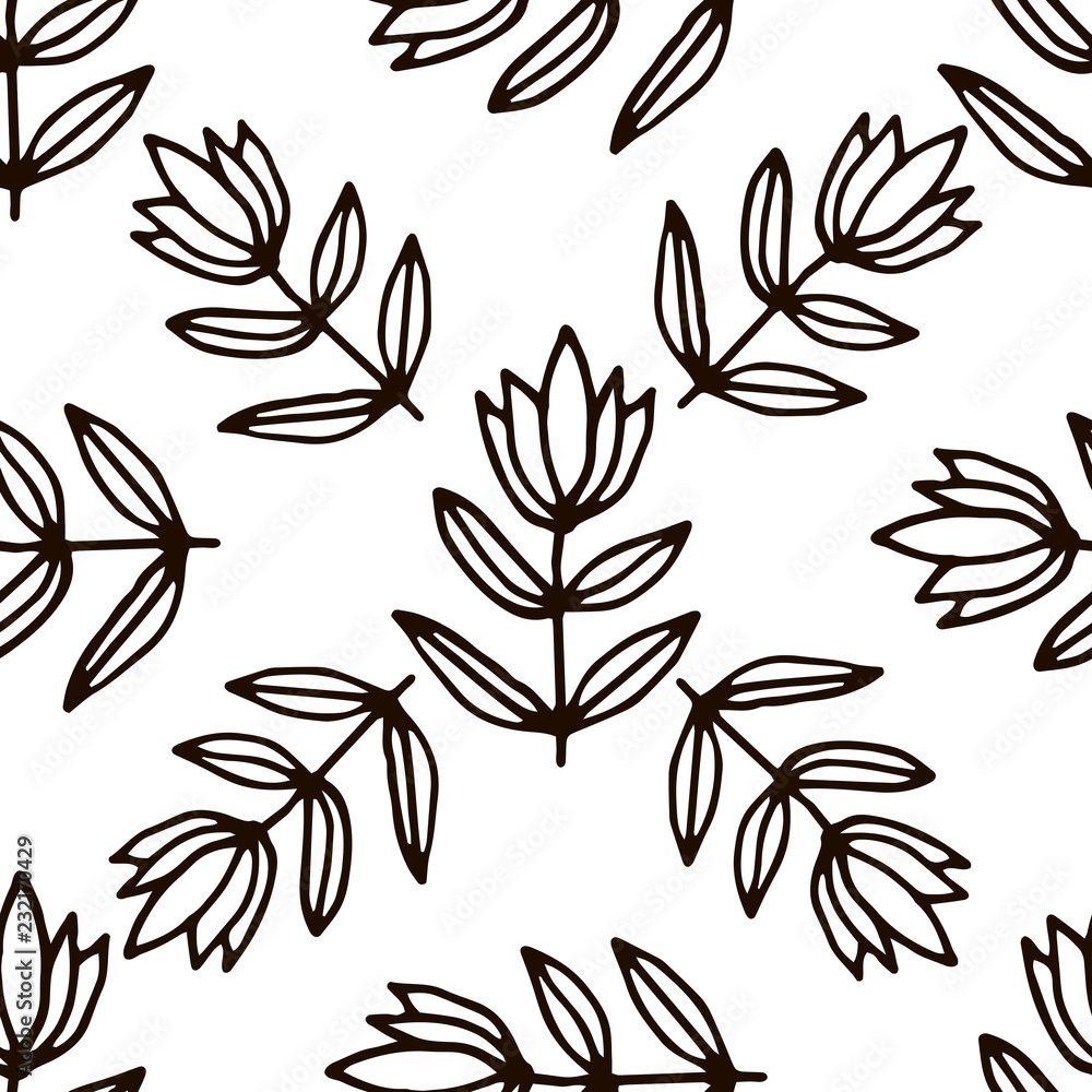 Cute floral seamless pattern with thin line black doodle branches and leaves on white background. Vector illustration. Cute floral seamless pattern with thin line black doodle branches and leaves on white background. Vector illustration.
