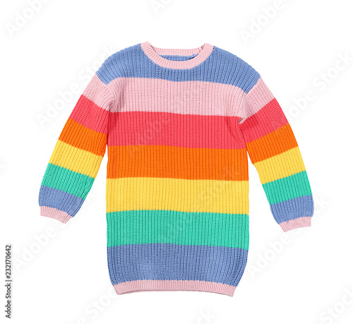 Cozy warm sweater on white background, top view