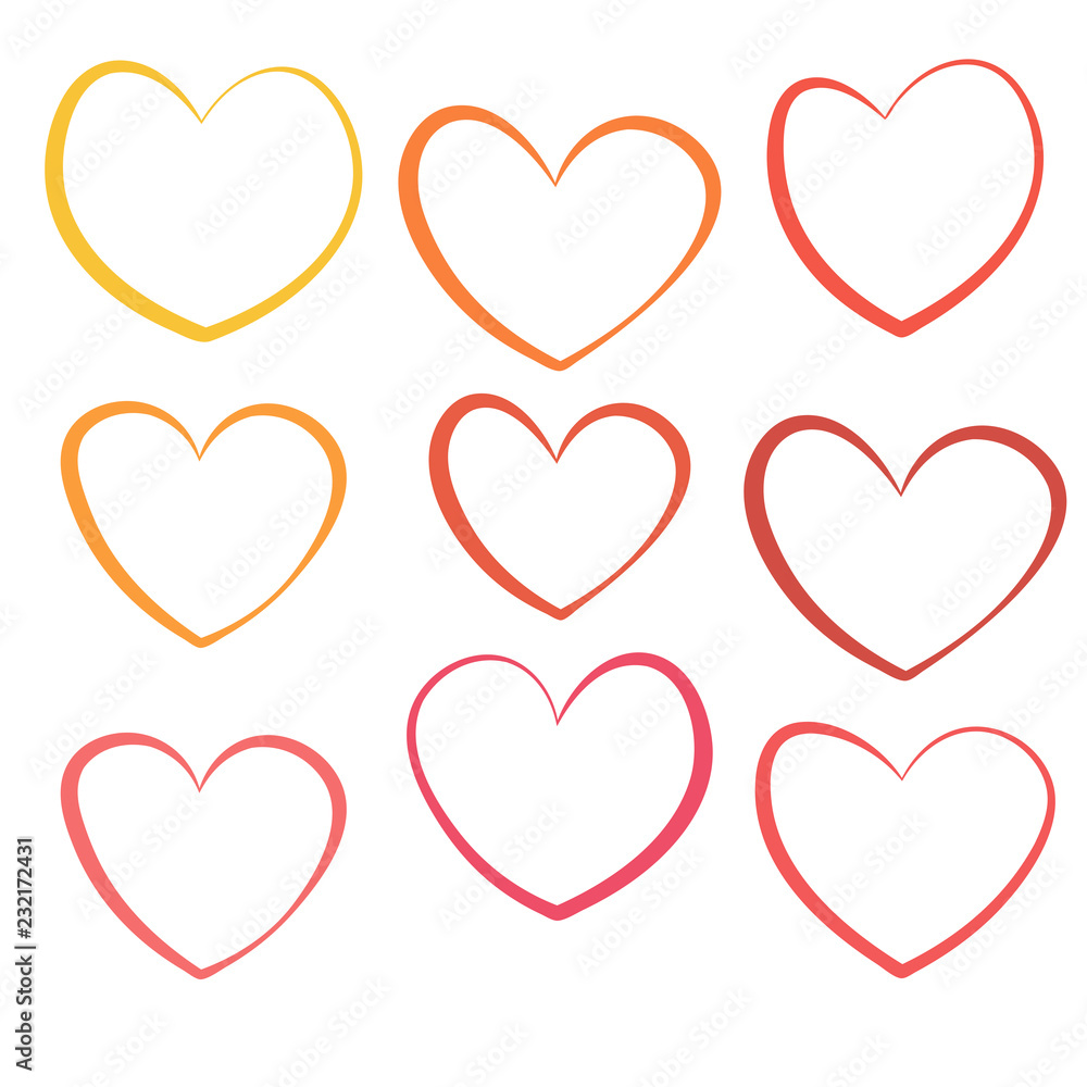 Linear hearts set isolated on white background. Vector illustration.