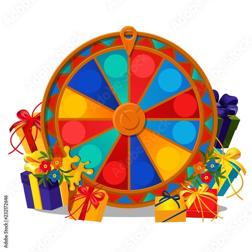 The wheel of fortune with gift boxes and flowers isolated on white background. Vector cartoon close-up illustration.