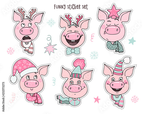 Set of cute pigs with emotions of joy and happiness © mayavesna